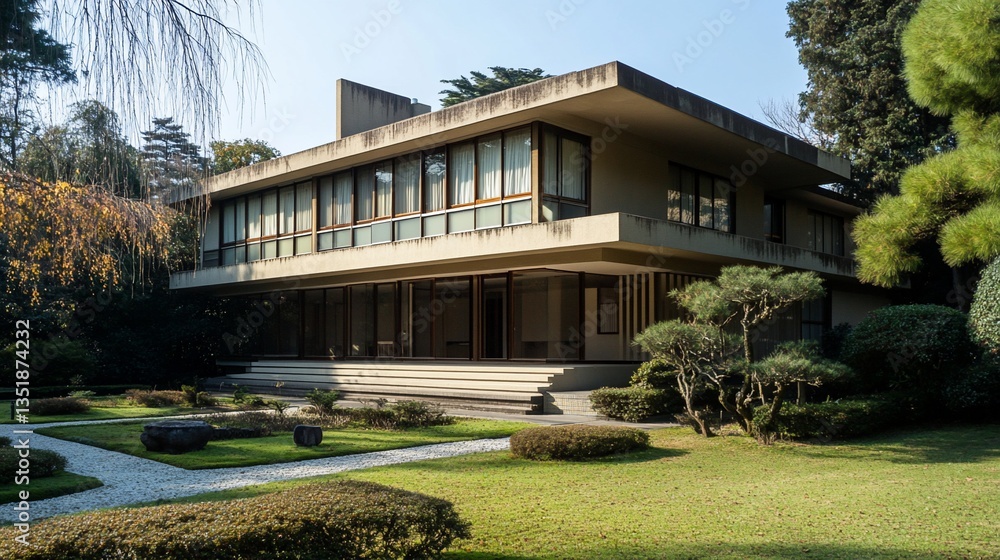 Modernist architecture of a two-story building with a flat roof and surrounding garden Modernist architecture of a two-story building with a flat roof and surrounding garden