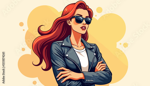 Stylish woman in sunglasses with crossed arms against abstract background