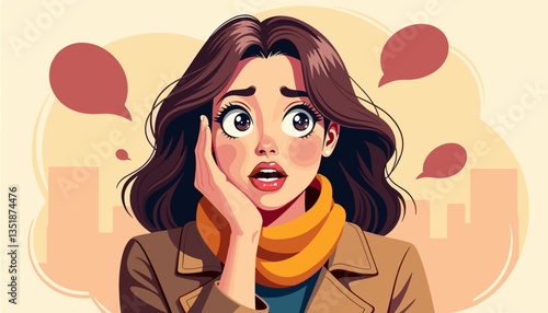 Surprised woman with scarf expressing shock against urban backdrop