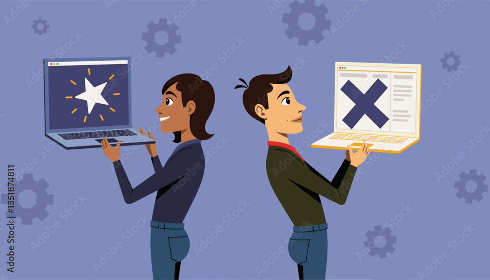 Two people showcasing positive and negative feedback with laptops Two people showcasing positive and negative feedback with laptops