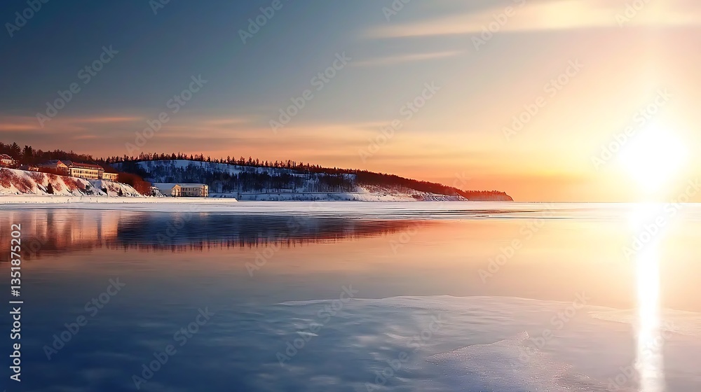 Fototapeta premium Snowy beach with gentle waves reflecting the bright, sunny sky during a warm sunset