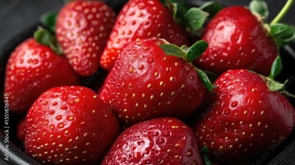 Fresh, juicy strawberries in a bowl. Close-up view of vibrant red berries, glistening with moisture, and small green leaves still attached Fresh, juicy strawberries in a bowl. Close-up view of vibrant red berries, glistening with moisture, and small green leaves still attached