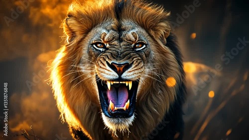 Angry lion face in golden fire background. Possible use Stock photo for wildlife, nature, animal kingdom