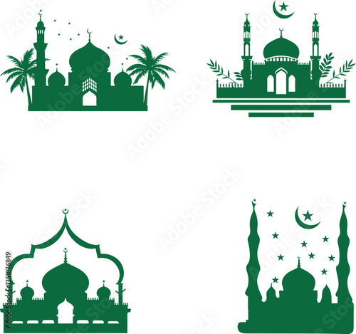 Green Mosque Silhouettes with Crescent Moons and Islamic Architecture, Ramadan, Spiritual Art