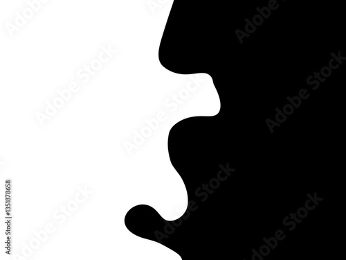 Fotografie Abstract black and white image features a wavy, organic shape, suggesting a mouth or void, symbolizing duality or mystery