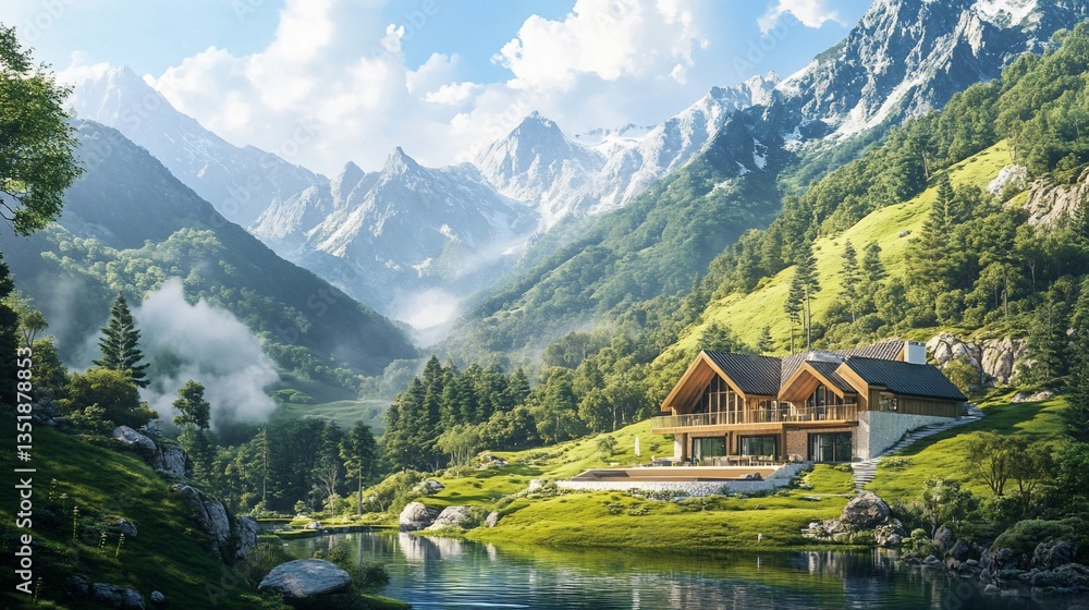 A luxurious modern chalet nestled in a picturesque mountain landscape with a tranquil lake A luxurious modern chalet nestled in a picturesque mountain landscape with a tranquil lake