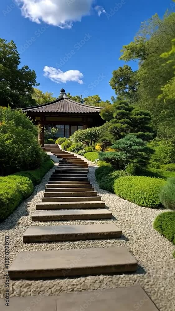 Serene garden pathway leading to a traditional house surrounded by vibrant greenery Serene garden pathway leading to a traditional house surrounded by vibrant greenery