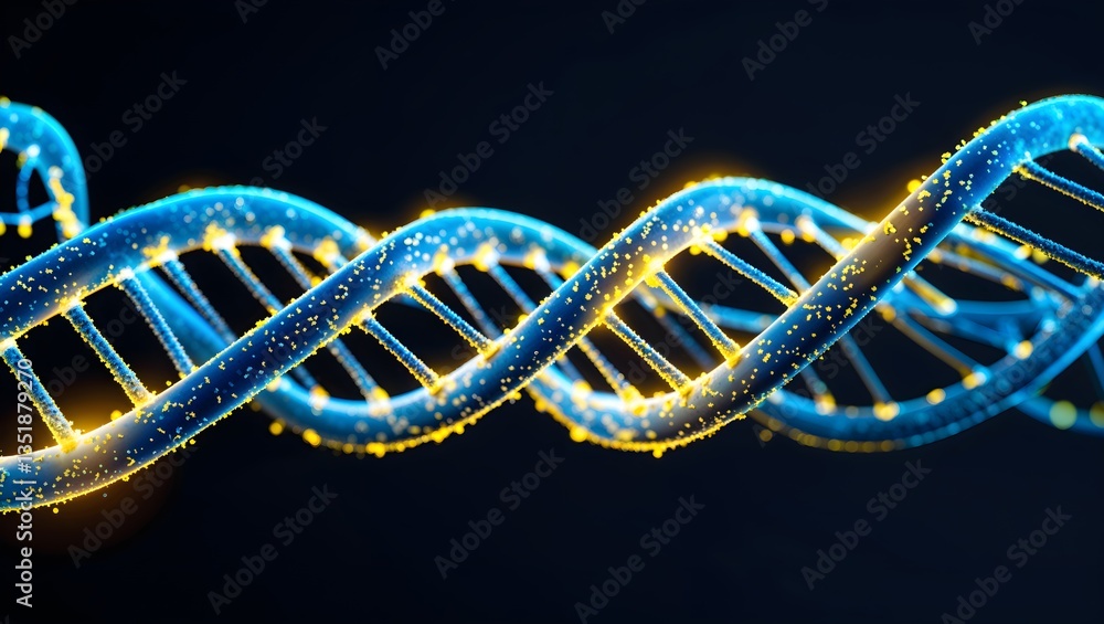 Futuristic Glowing Blue DNA Helix Structure with Yellow Nanoparticles in Dark Background Futuristic Glowing Blue DNA Helix Structure with Yellow Nanoparticles in Dark Background