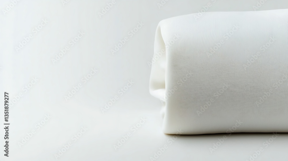 Soft, white fabric rolled neatly on a white background. The texture is smooth and the folds are gentle Soft, white fabric rolled neatly on a white background. The texture is smooth and the folds are gentle