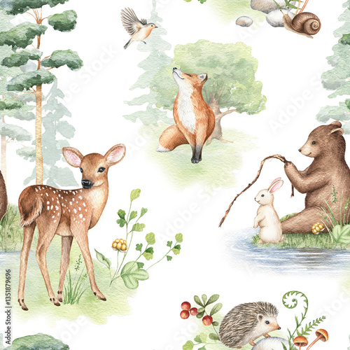 Canvas Print Watercolor seamless pattern with forest baby animals