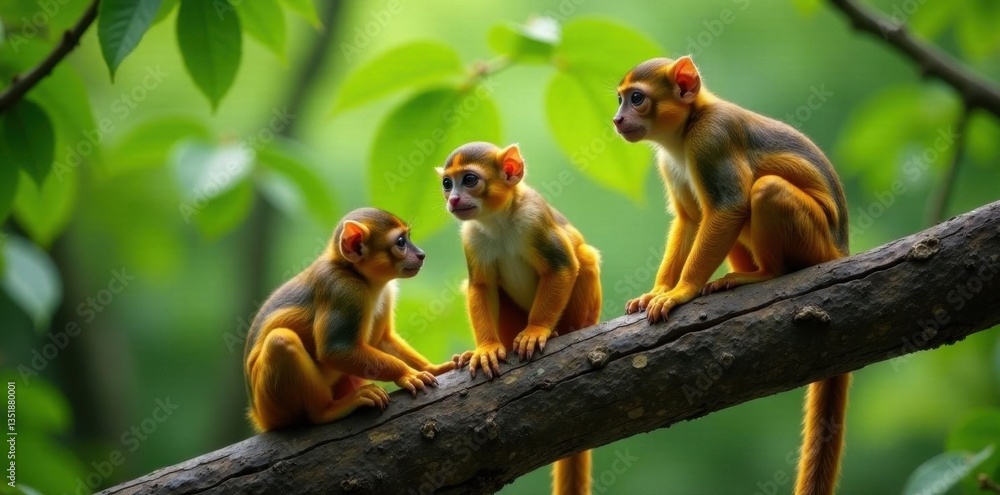 Fototapeta premium Trio of squirrel monkeys perched on a thick tree limb, group, Central American