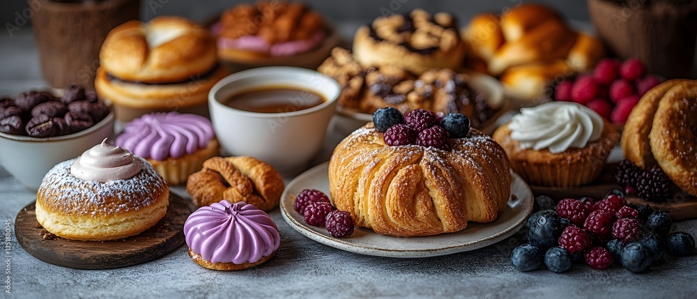 Elegant photo of breakfast with pastries and coffee on a white table under natural light gives a warm and bright feeling for use in cafe advertisement or food blog to inspire readers and customers. Elegant photo of breakfast with pastries and coffee on a white table under natural light gives a warm and bright feeling for use in cafe advertisement or food blog to inspire readers and customers.