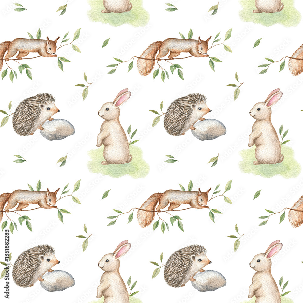 Naklejka premium Watercolor forest seamless pattern with cute animals. Wild baby hedgehog, squirrel, white bunny. Hand drawn kid illustration. Funny design for print, nursery textile, wrapping, wallpaper.