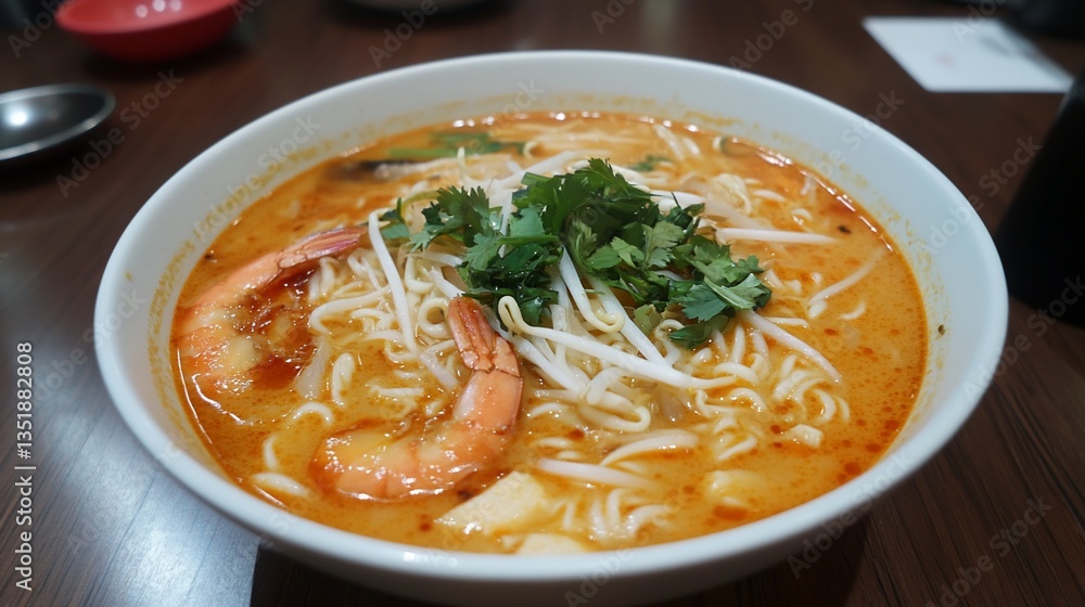 A close-up shot of a bowl of flavorful prawn noodle soup with fresh herbs A close-up shot of a bowl of flavorful prawn noodle soup with fresh herbs