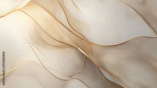 Elegant pastel light brown abstract background with smooth golden line curves, creating a modern luxury design template. Soft lighting and subtle textures.