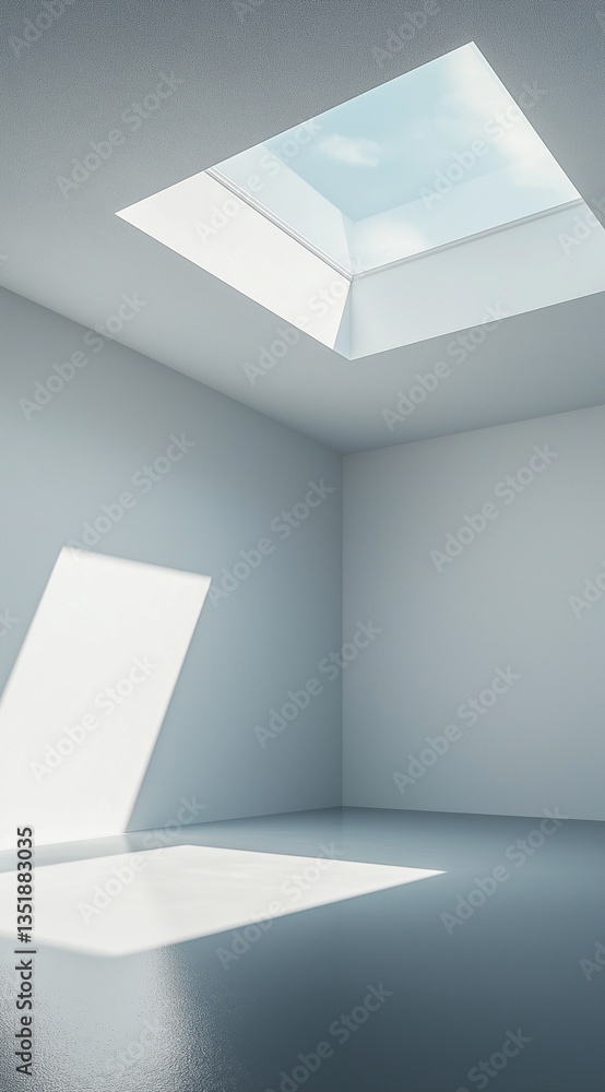 Fototapeta premium Low-angle bright empty room with natural light coming through a skylight window