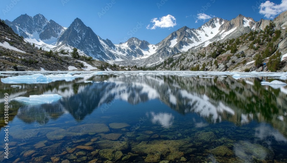 Mountain lake reflection, snow-capped peaks, spring thaw, clear water, alpine scenery Mountain lake reflection, snow-capped peaks, spring thaw, clear water, alpine scenery