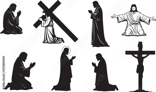 Jesus carrying the cross silhouette. Icon of Jesus in crown of thorns, great suffering of Jesus, vector illustration.

