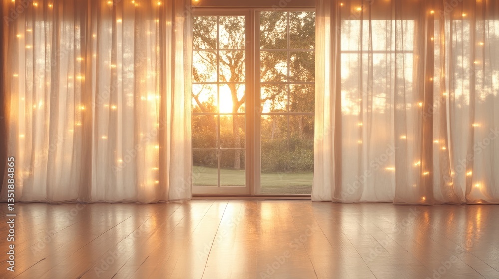 Fototapeta premium Warm sunlight streams through a glass door with sheer white curtains decorated with glowing fairy lights, illuminating a wooden floor inside a cozy room.