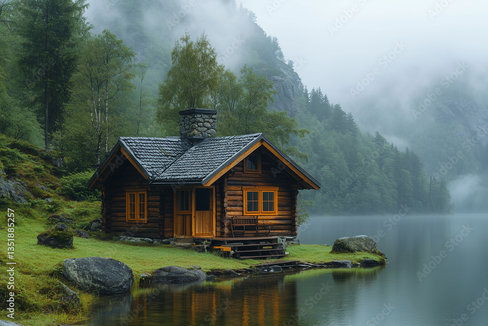 Fototapeta premium Wooden house on a peaceful lake surrounded by mist