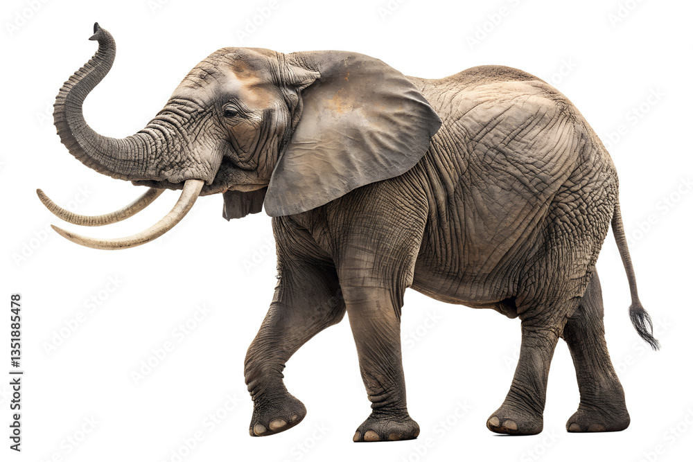 Fototapeta premium An African elephant majestically raises its trunk in a celebratory display of strength and freedom isolated on a black background showcasing detailed skin texture and impressive ivory tusks perfectly.