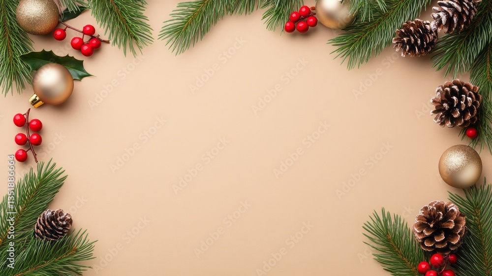 Festive christmas frame featuring decorations on a beige background Festive christmas frame featuring decorations on a beige background