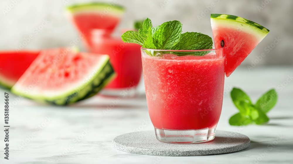 A close-up of a glass of watermelon smoothie, garnished with fresh mint leaves, on a light marble surface, with a slice of watermelon A close-up of a glass of watermelon smoothie, garnished with fresh mint leaves, on a light marble surface, with a slice of watermelon
