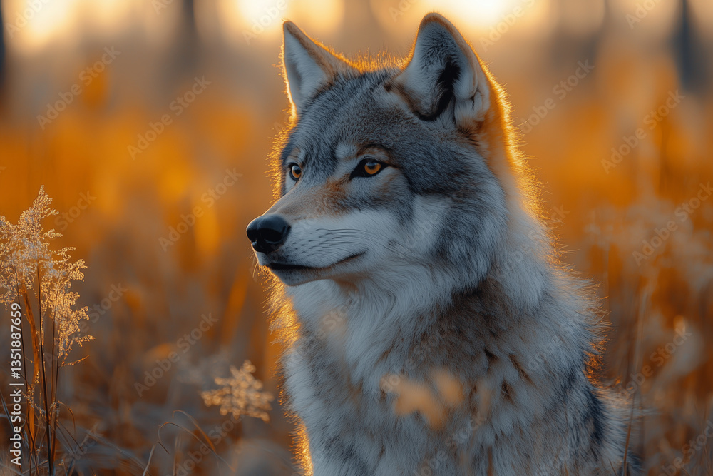 Fototapeta premium Wolf with a golden gaze standing in the autumn field