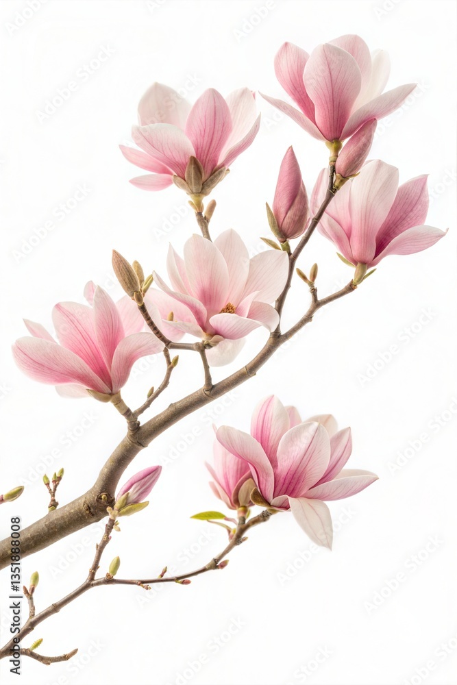 Obraz premium Beautiful pink magnolia flowers on a tree branch, isolated on white (Flower)