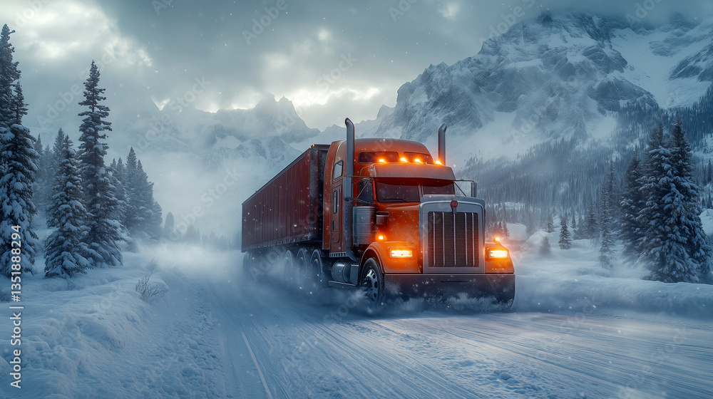 A Realistic and Cinematic Image of a Truck Driver Navigating a Massive Semi-Truck Through a Snowy Mountain Highway with Snowflakes Swirling and Headlights Piercing the Misty Winter Air A Realistic and Cinematic Image of a Truck Driver Navigating a Massive Semi-Truck Through a Snowy Mountain Highway with Snowflakes Swirling and Headlights Piercing the Misty Winter Air