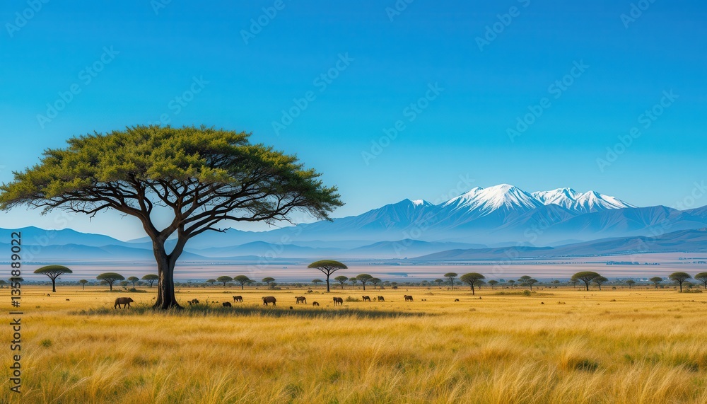 Majestic elephants grazing african savanna nature scene clear sky wide angle serenity Majestic elephants grazing african savanna nature scene clear sky wide angle serenity