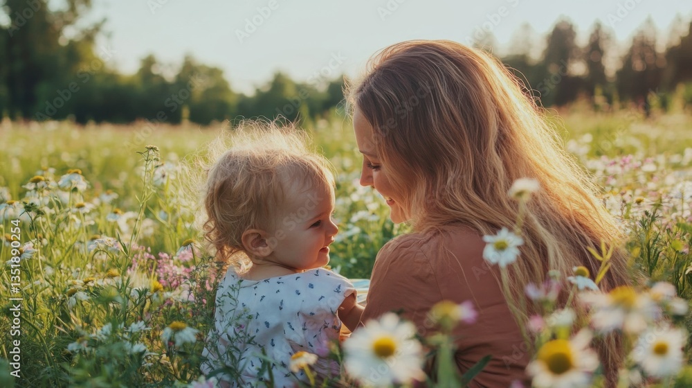 A joyful moment between a mother and child in a sunlit flower field, sharing smiles amidst blooming wildflowers. A joyful moment between a mother and child in a sunlit flower field, sharing smiles amidst blooming wildflowers.