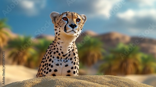 A cheetah is standing on a sandy hillside in the desert. The cheetah is looking at the camera with a curious expression. The scene is peaceful and serene
