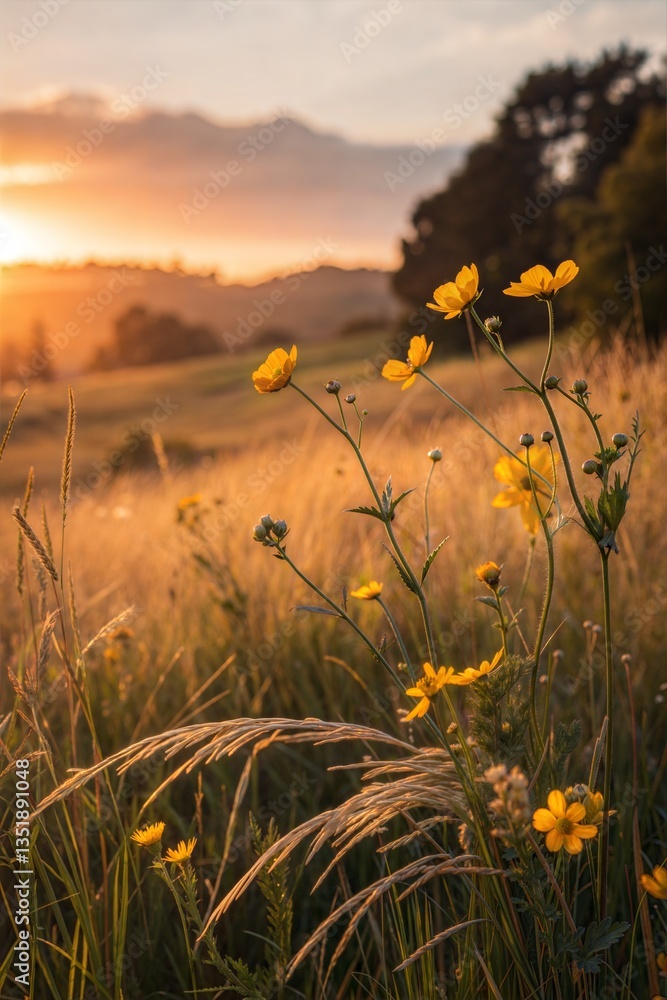 Fototapeta premium Soft Abstract Golden Meadow at Sunset with Yellow Flowers