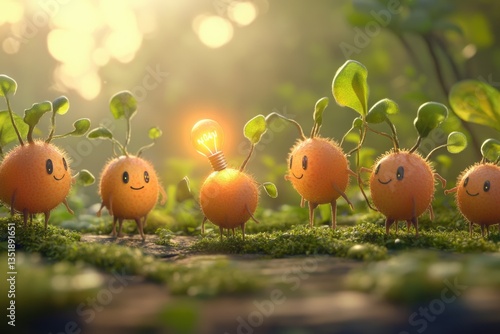 Wallpaper Mural Adorable orange creatures with plant-like features gather around a glowing lightbulb, symbolizing innovation and teamwork. Torontodigital.ca