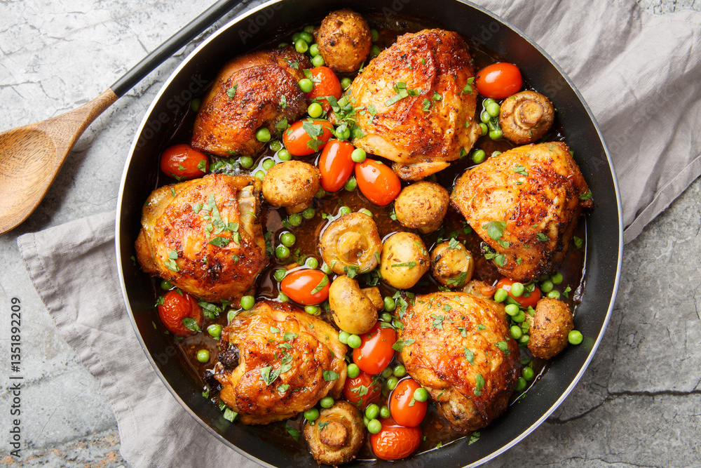 Honey garlic chicken thighs baked with mushrooms, green peas, cherry tomatoes and herbs close-up in a frying pan on the table. Horizontal top view from above