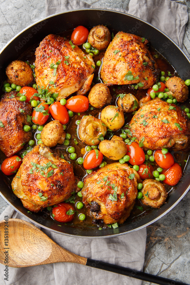 Chicken thighs baked with mushrooms and vegetables close-up in a frying pan on the table. Vertical top view from above