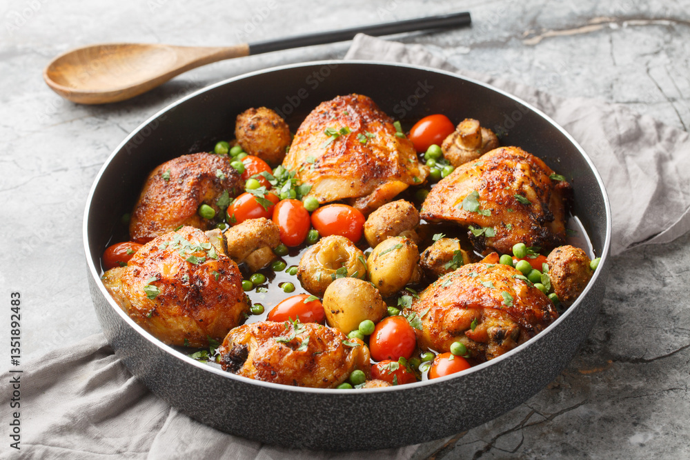 Fried chicken thighs with mushrooms, green peas, cherry tomatoes and herbs close-up in a frying pan on the table. Horizontal