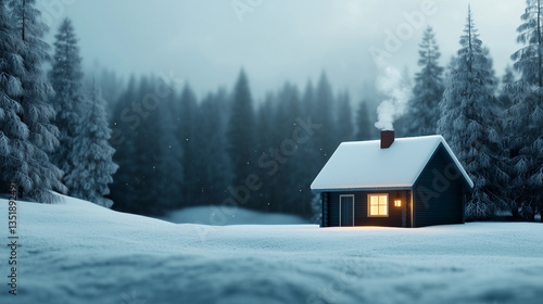 Cozy wooden cabin in a snowy forest with warm glowing lights