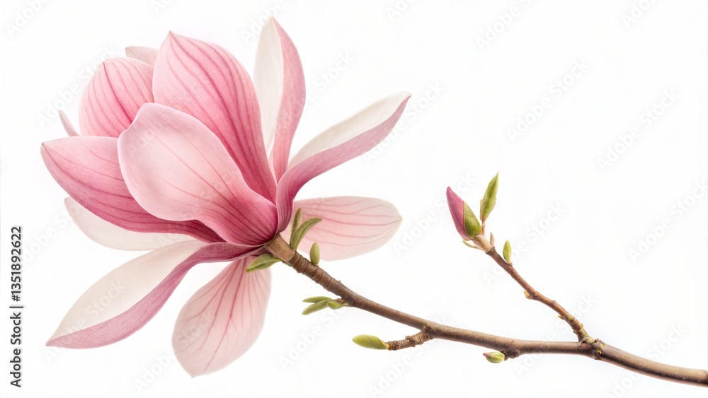 Fototapeta premium Pink magnolia blossoms on a tree branch, isolated on a white background. (Flower)