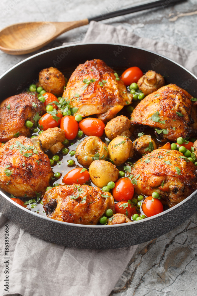 Chicken thighs baked with mushrooms and vegetables close-up in a frying pan on the table. Vertical