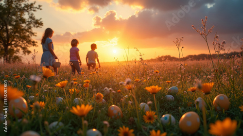Children with baskets walk through a field of Easter eggs and wildflowers, bathed in the warm glow of sunset.