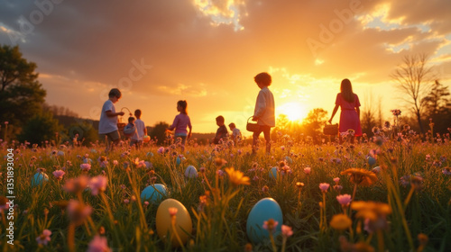 Children with baskets walk through a field of Easter eggs and wildflowers, bathed in the warm glow of sunset.