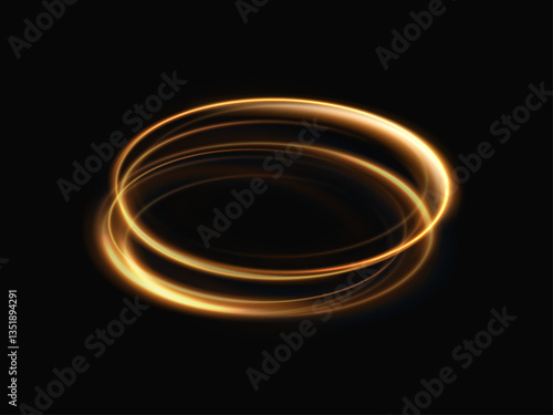 Golden ring light line, high speed light energy impact, solar energy vortex, magic portal on dark background PNG. Light effect.