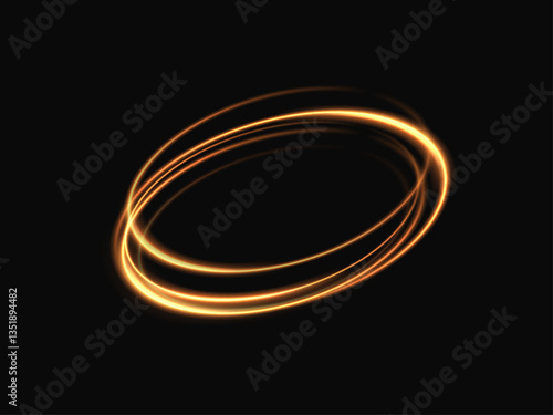 Golden ring light line, high speed light energy impact, solar energy vortex, magic portal on dark background PNG. Light effect.