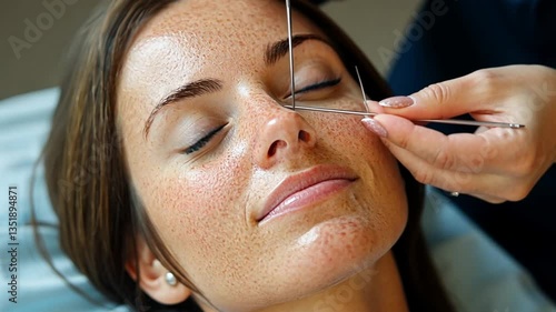 Woman receiving eyelash extensions treatment in salon