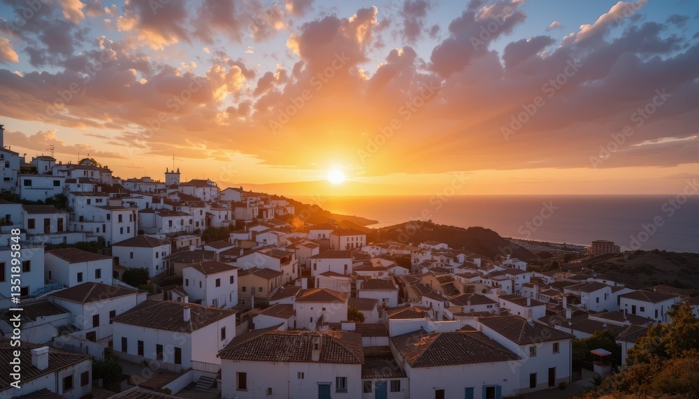 Fototapeta premium Sunset over whitewashed houses coastal village landscape photography scenic view tranquil atmosphere
