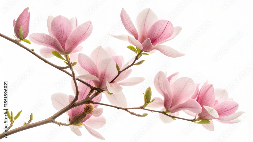 Obraz premium Beautiful pink magnolia flowers blooming on a tree branch, isolated on white. (Flower)