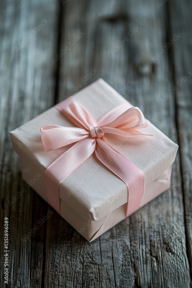 A minimalistic Valentine's Day gift box wrapped in light pink ribbon on a rustic wooden surface A minimalistic Valentine's Day gift box wrapped in light pink ribbon on a rustic wooden surface