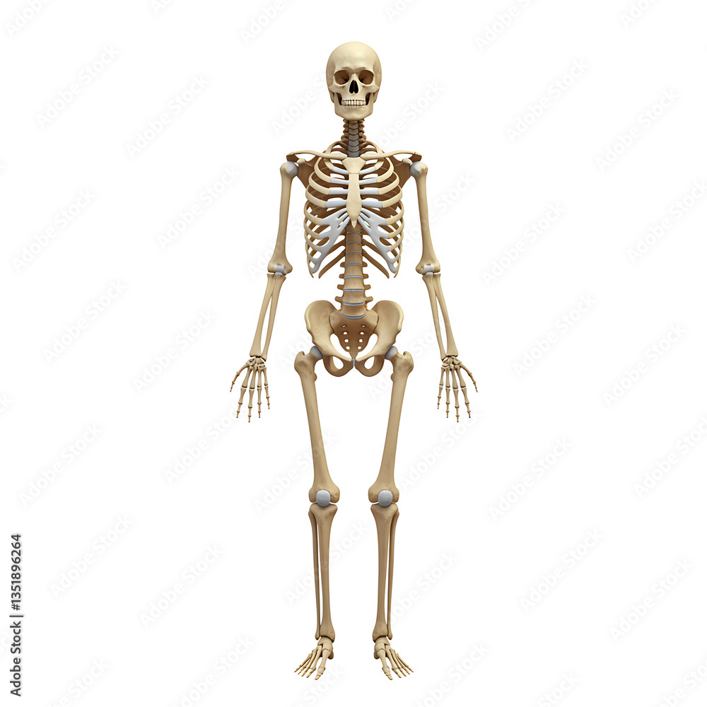 Anterior view of human skeletal system isolated on white background showing detailed bone anatomy Anterior view of human skeletal system isolated on white background showing detailed bone anatomy